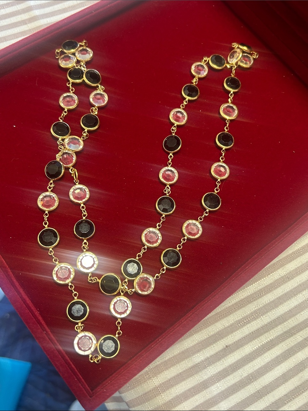 Gold-Link Pink and Black Glass Station Necklace